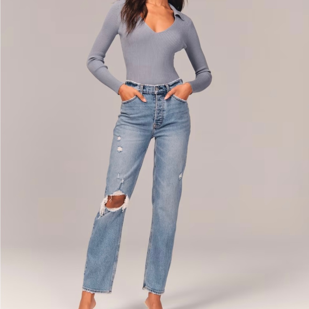 Abercrombie & Fitch "The Dad High Rise" Jean Blue w Knee Blowout Distress Sz 10